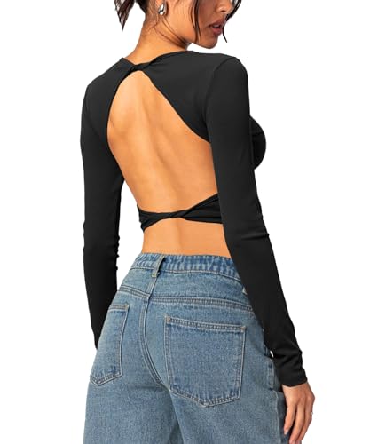 Coloquin Women Open Back Top Going Out Tops Long Sleeve Ribbed